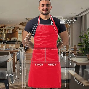 May include: Red waterproof apron with two 6-inch pockets and adjustable straps. The apron measures 25 inches wide, 32 inches long, and has a neck strap that adjusts from 13.4 to 25 inches.