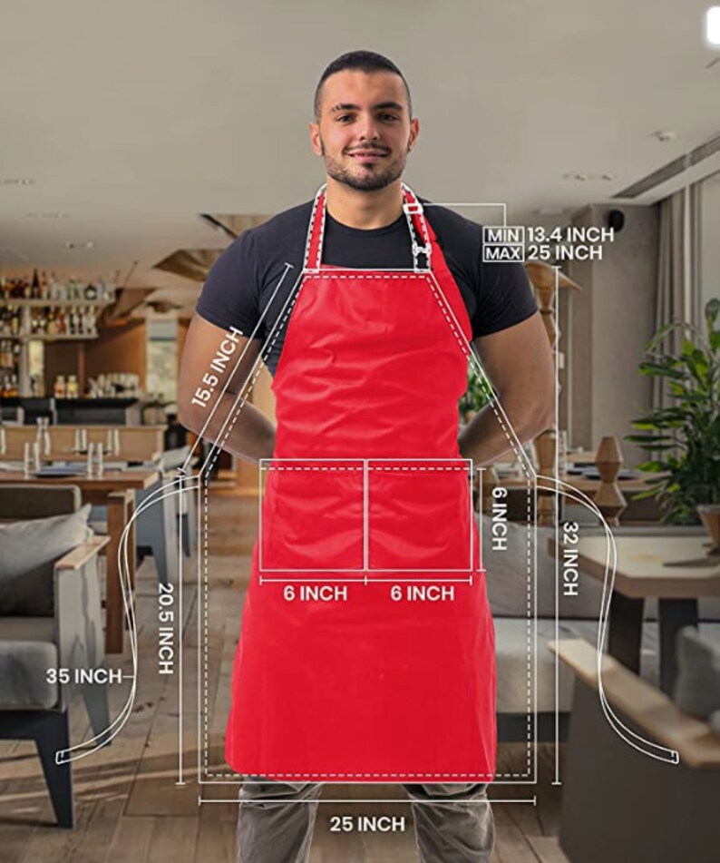 May include: Red waterproof apron with two 6-inch pockets and adjustable straps. The apron measures 25 inches wide, 32 inches long, and has a neck strap that adjusts from 13.4 to 25 inches.
