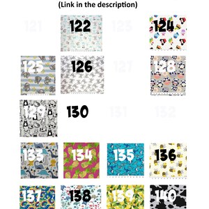 May include: A grid of 16 fabric squares with different patterns. Each square is numbered with a number between 122 and 140. The patterns include animals, fruit, and geometric designs.
