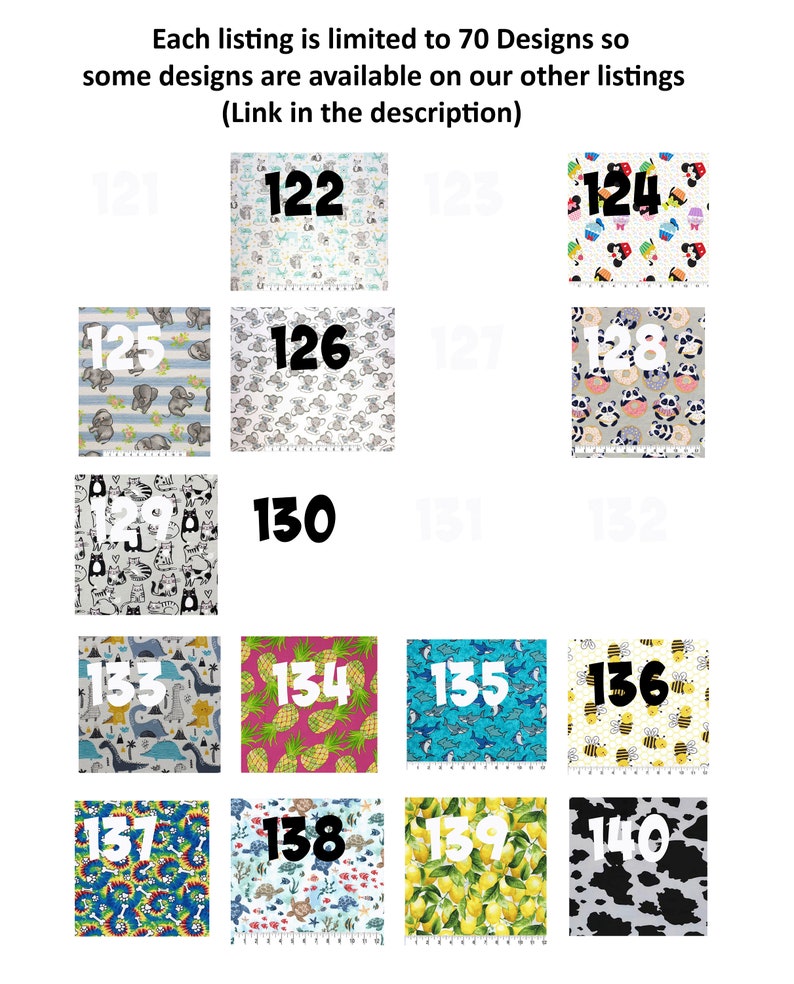 May include: A grid of 16 fabric squares with different patterns. Each square is numbered with a number between 122 and 140. The patterns include animals, fruit, and geometric designs.