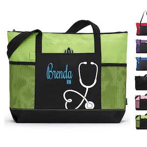 Custom Nursing Bag with Name and Stethoscope, Personalized Nurse Bag with Zipper, CNA nurse week gift, RN Graduation Nurse appreciation Gift GREEN BAG