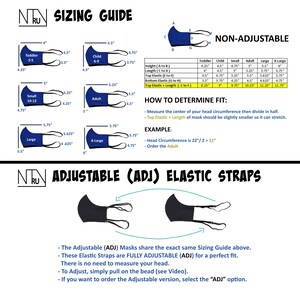 May include: Sizing guide for non-adjustable and adjustable face masks with elastic straps. The guide includes measurements for different sizes, including toddler, child, small, adult, large, and extra large. The guide also includes instructions on how to determine the correct size.