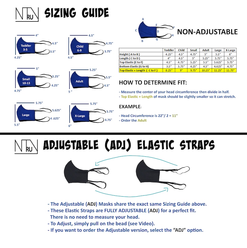 May include: Sizing guide for non-adjustable and adjustable face masks with elastic straps. The guide includes measurements for different sizes, including toddler, child, small, adult, large, and extra large. The guide also includes instructions on how to determine the correct size.