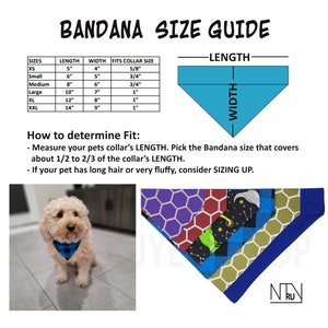May include: A bandana size guide chart with a dog wearing a blue and white bandana. The chart shows the size of the bandana in inches, the width in inches, and the collar size it fits. The chart also includes a diagram of a bandana with the words "length" and "width" labeled.