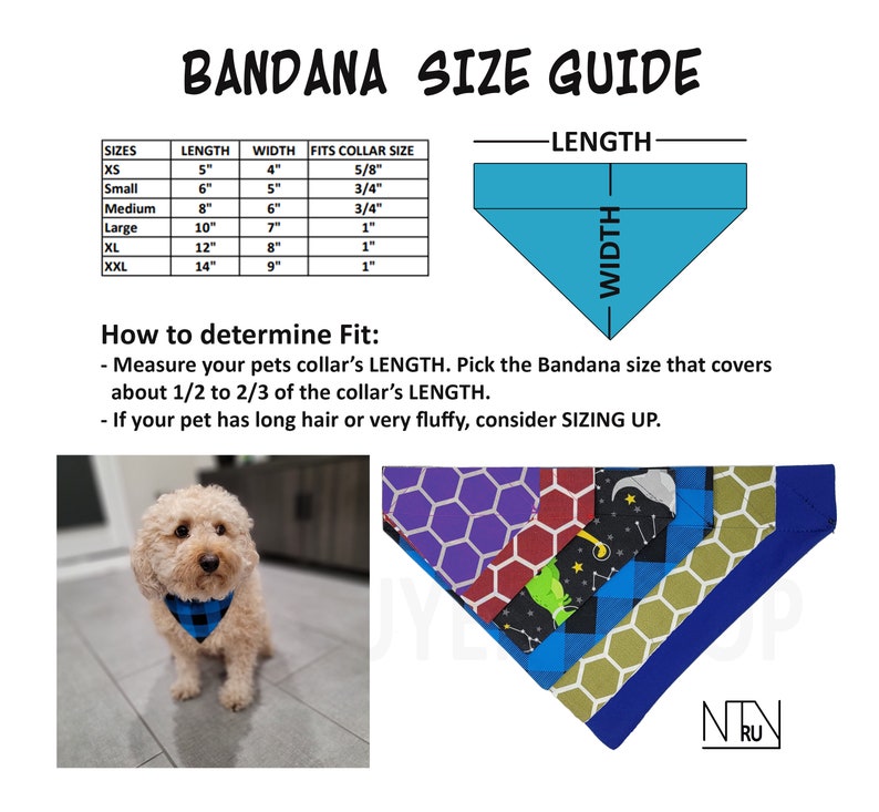May include: A bandana size guide chart with a dog wearing a blue and white bandana. The chart shows the size of the bandana in inches, the width in inches, and the collar size it fits. The chart also includes a diagram of a bandana with the words "length" and "width" labeled.