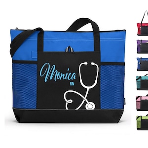 Custom Nursing Bag with Name and Stethoscope, Personalized Nurse Bag with Zipper, CNA nurse week gift, RN Graduation Nurse appreciation Gift BLUE BAG