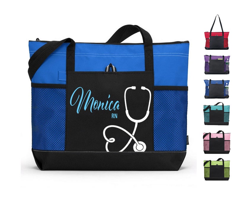 Custom Nursing Bag with Name and Stethoscope, Personalized Nurse Bag with Zipper, CNA nurse week gift, RN Graduation Nurse appreciation Gift BLUE BAG