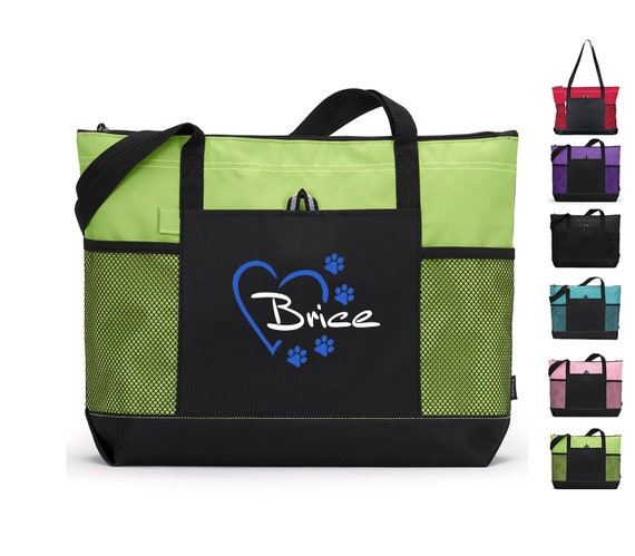 Personalized Dog Tote Bag with Zipper, Heart and Paw, pet travel bag, Pet bag, Pet gift, vet tech gift, dog bag, groomer gift for dog mom