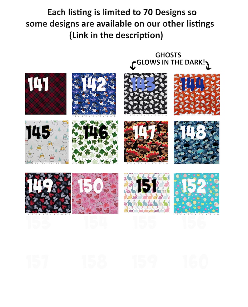 May include: A grid of 12 colorful fabric squares with numbers 141 to 152. The fabric squares feature various patterns, including plaid, hearts, ghosts, and snowmen. The text "GHOSTS GLOWS IN THE DARK!" is above the grid.