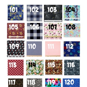 May include: A chart of bandana fabric choices with 16 different patterns. The chart is labeled with numbers 101 through 120. The fabrics include a variety of colors and patterns, including plaid, floral, and animal print.