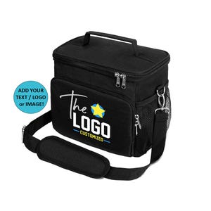 May include: Black canvas lunch bag with a zipper closure and an adjustable shoulder strap. The bag has a front pocket with a mesh design and a star logo with the text "The Logo - Customized".