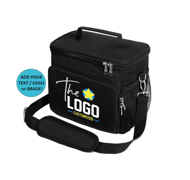 May include: Black canvas lunch bag with a zipper closure and an adjustable shoulder strap. The bag has a front pocket with a mesh design and a star logo with the text "The Logo - Customized".