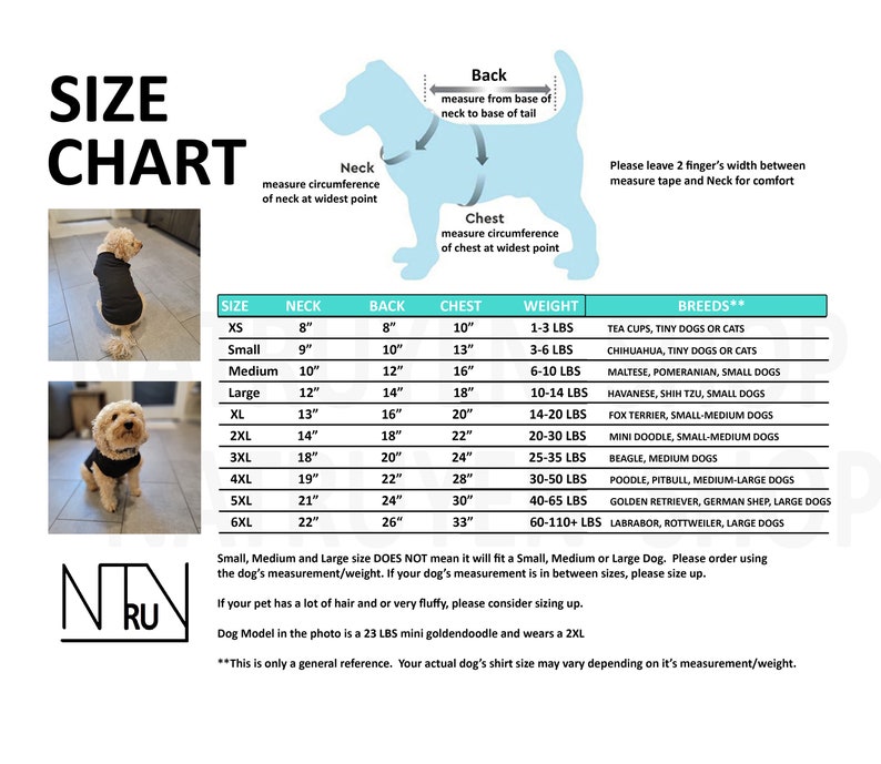 Peut inclure: Tableau des tailles pour v&ecirc;tements de chien avec des mesures en pouces et le poids en livres. Le tableau comprend des recommandations de race pour chaque taille. Le tableau est sur un fond blanc avec une bordure bleue et blanche. Le tableau est illustr&eacute; avec deux chiens portant des v&ecirc;tements.