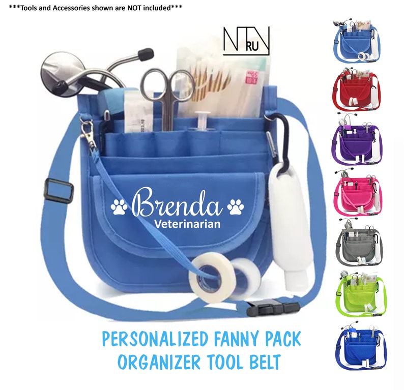 May include: Blue personalized fanny pack with the name Brenda Veterinarian embroidered on it. The pack has multiple pockets and a detachable strap. The pack is shown with various tools and accessories, including a stethoscope, scissors, and a roll of tape. The image also shows the pack in nine different colors.