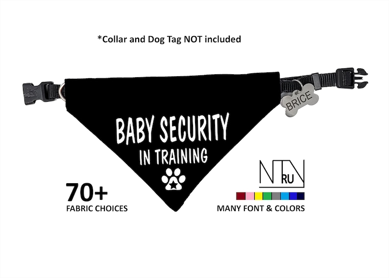Puede incluir: Bandana negra para perro con texto blanco que dice "Baby Security in Training" y una huella de pata con una estrella. La bandana est&aacute; unida a un collar negro con una placa de perro plateada que dice "Brice".