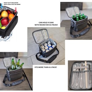 May include: A black insulated lunch bag with a zippered top and a shoulder strap. The bag is open and filled with nine cans of soda. The bag has a label that says "Can hold 9 cans with room for ice packs!" and "Fits more than a 6 pack!"