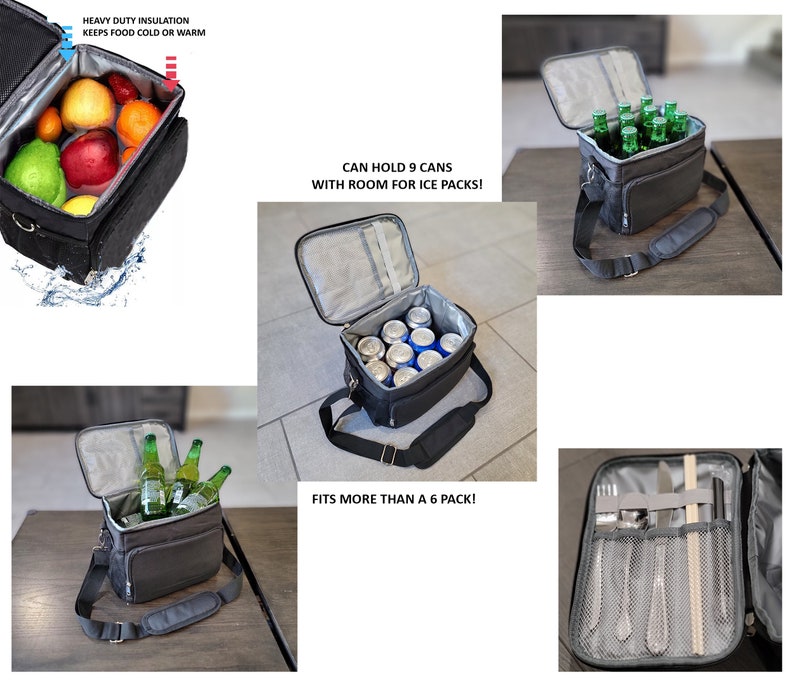 May include: A black insulated lunch bag with a zippered top and a shoulder strap. The bag is open and filled with nine cans of soda. The bag has a label that says "Can hold 9 cans with room for ice packs!" and "Fits more than a 6 pack!"