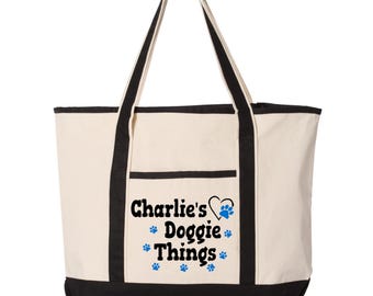 Personalized Dog Tote Bag Large, Custom Pet Name Canvas Bag, Doggie Things Tote, Dog travel bag, Pet gift, Dog Mom Gift, Dog Lover Gift