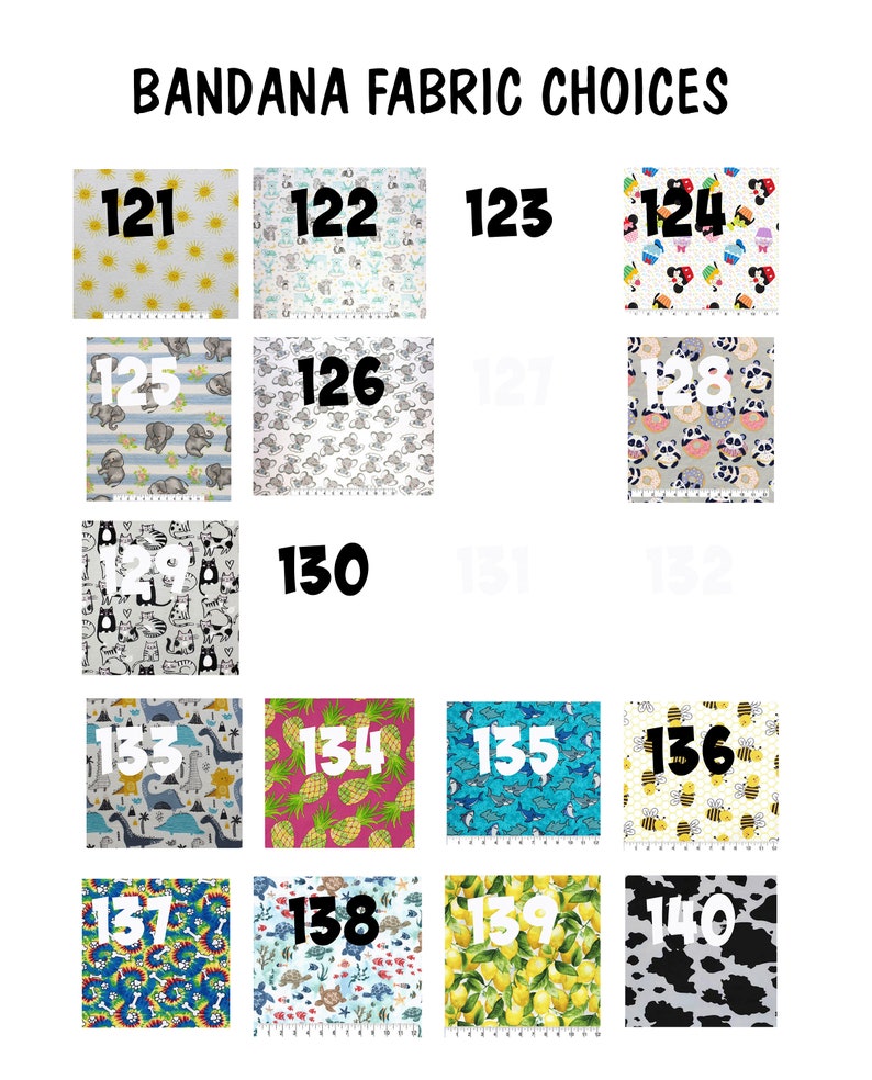 Puede incluir: Una tabla de opciones de tela para bandana con los n&uacute;meros del 121 al 140. Cada n&uacute;mero corresponde a un patr&oacute;n de tela diferente. Los patrones incluyen animales, frutas y dise&ntilde;os geom&eacute;tricos.