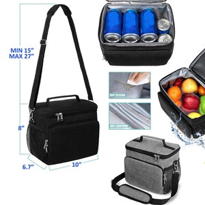 May include: Black and gray insulated lunch bag with a zipper closure, adjustable shoulder strap, and a mesh side pocket. The bag measures 10 inches wide, 6.7 inches deep, and 8 inches tall. The strap can be adjusted to a minimum length of 15 inches and a maximum length of 27 inches.