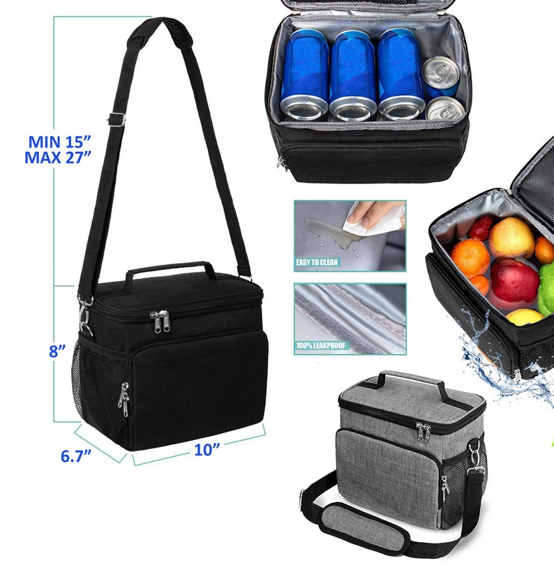 May include: Black and gray insulated lunch bag with a zipper closure, adjustable shoulder strap, and a mesh side pocket. The bag measures 10 inches wide, 6.7 inches deep, and 8 inches tall. The strap can be adjusted to a minimum length of 15 inches and a maximum length of 27 inches.