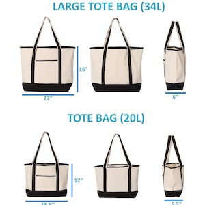 May include: Two canvas tote bags, one labeled "LARGE TOTE BAG (34L)" measuring 22" wide, 16" high, and 6" deep. The other is labeled "TOTE BAG (20L)" measuring 18.5" wide, 12" high, and 5.5" deep. Both have black bottoms and handles.