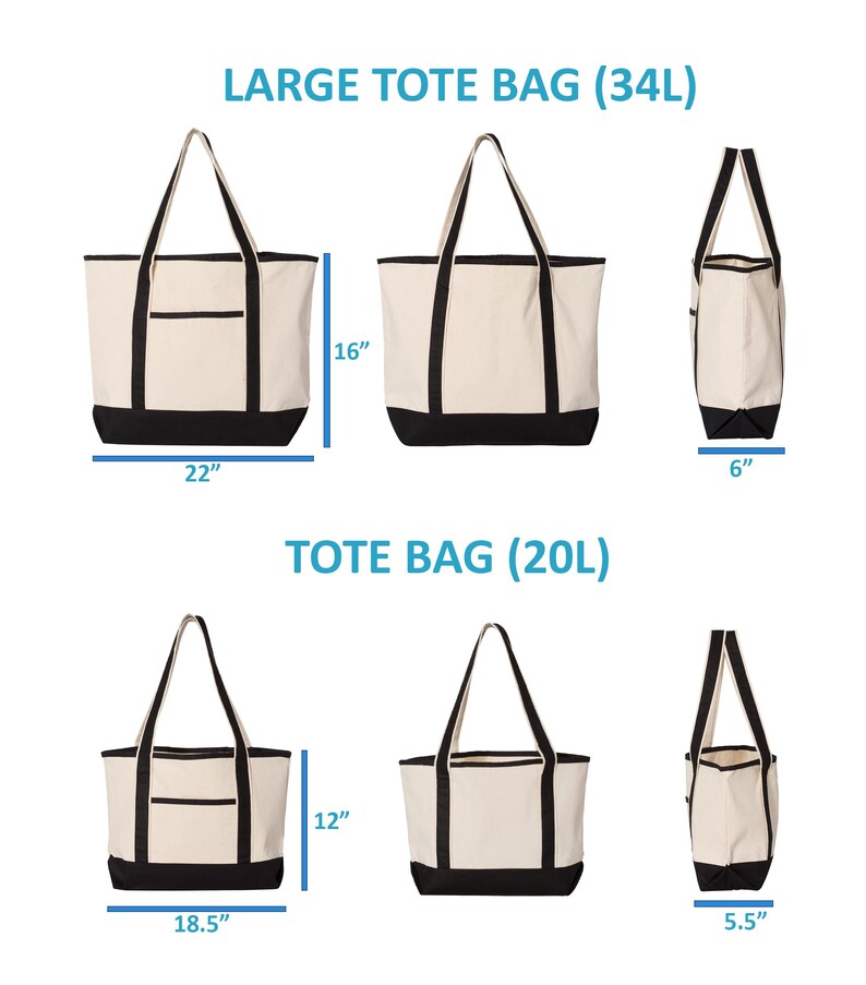 May include: Two canvas tote bags, one labeled "LARGE TOTE BAG (34L)" measuring 22" wide, 16" high, and 6" deep. The other is labeled "TOTE BAG (20L)" measuring 18.5" wide, 12" high, and 5.5" deep. Both have black bottoms and handles.