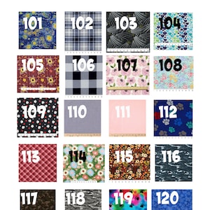 May include: A chart of bandana fabric choices with 12 different patterns. The fabric choices are numbered 101 through 120. The patterns include a starry night, plaid, floral, paw prints, gingham, camouflage, and tie-dye.