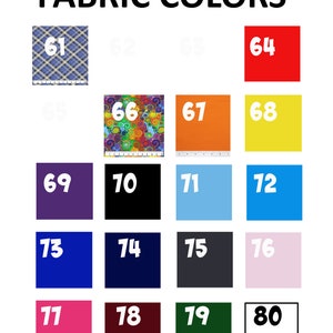 May include: A chart of fabric colors with numbers 61 through 80. The colors include blue, red, yellow, orange, purple, black, light blue, dark blue, navy blue, dark gray, pink, maroon, green, and white.