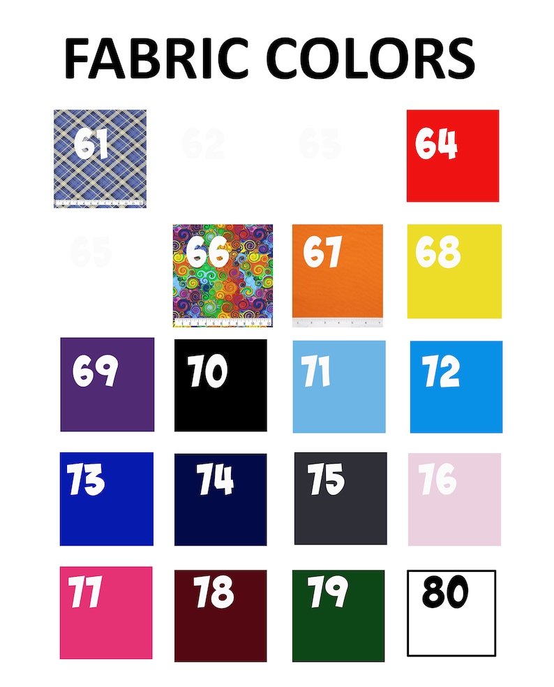 May include: A chart of fabric colors with numbers 61 through 80. The colors include blue, red, yellow, orange, purple, black, light blue, dark blue, navy blue, dark gray, pink, maroon, green, and white.