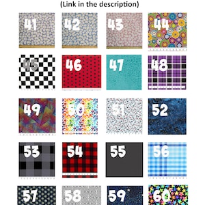 May include: A grid of 60 fabric swatches with different patterns and colors. The swatches are numbered from 41 to 60. Each swatch is approximately 10 cm by 10 cm.