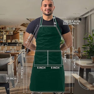 May include: A dark green apron with two 6-inch pockets. The apron has adjustable straps and measures 25 inches wide, 32 inches long, and 15.5 inches from the neck to the bottom of the apron. The apron has a minimum neck size of 13.4 inches and a maximum neck size of 25 inches.