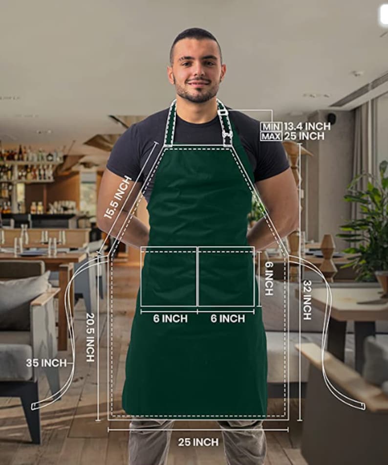 May include: A dark green apron with two 6-inch pockets. The apron has adjustable straps and measures 25 inches wide, 32 inches long, and 15.5 inches from the neck to the bottom of the apron. The apron has a minimum neck size of 13.4 inches and a maximum neck size of 25 inches.