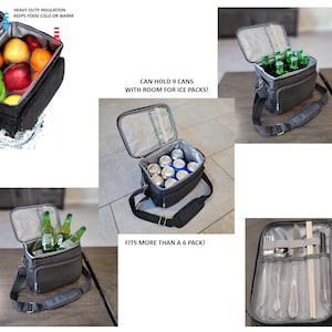 Puede incluir: Una bolsa de almuerzo aislada negra con una parte superior con cremallera y una correa para el hombro. La bolsa est&aacute; abierta y muestra un interior gris con un bolsillo de malla. La bolsa est&aacute; llena de nueve latas de refresco y paquetes de hielo. La bolsa est&aacute; etiquetada con "CAN HOLD 9 CANS WITH ROOM FOR ICE PACKS!" y "FITS MORE THAN A 6 PACK!"