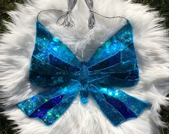 Y2K holographic blue sequin butterfly halter top