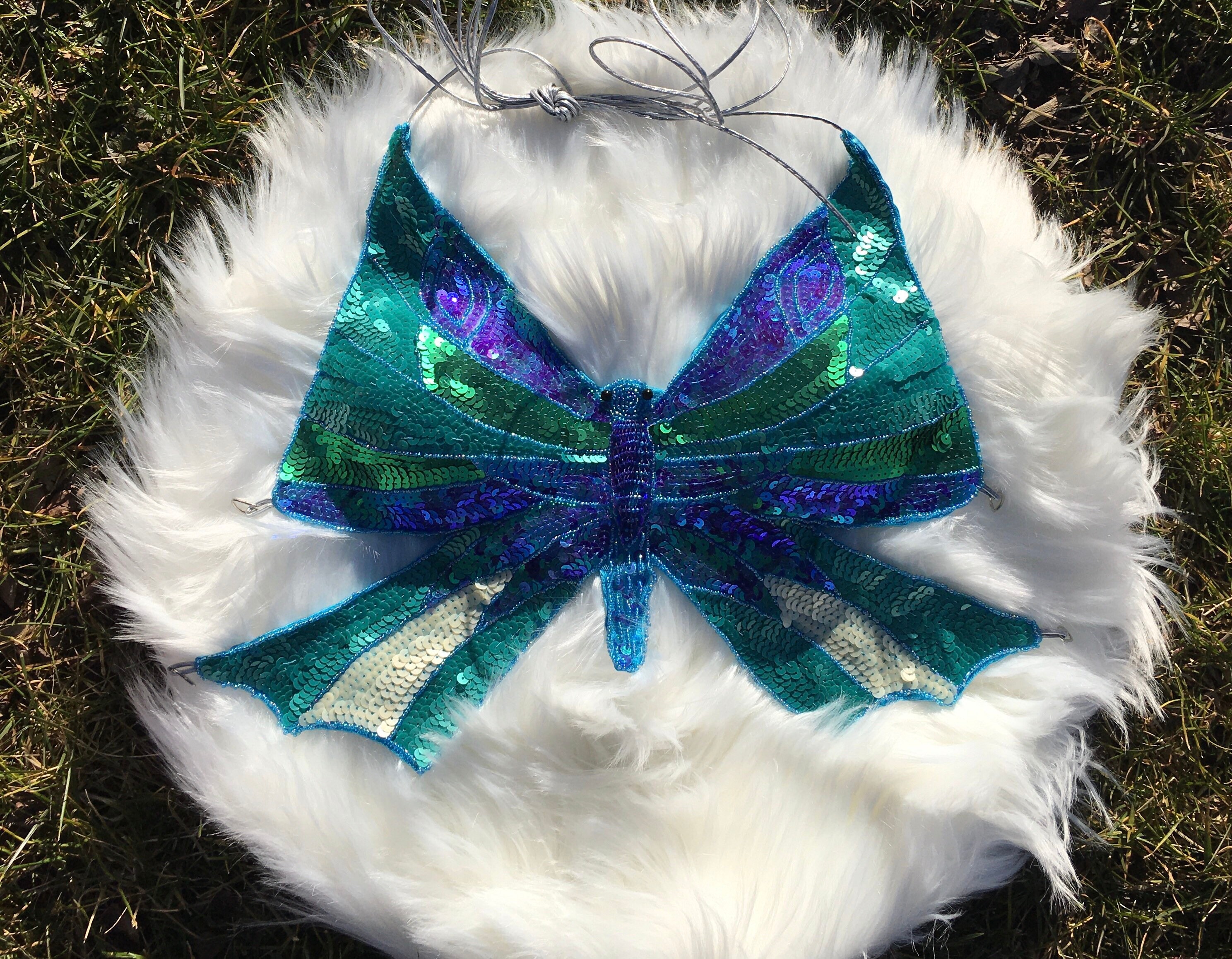 Y2K aquamarine sequin butterfly halter top