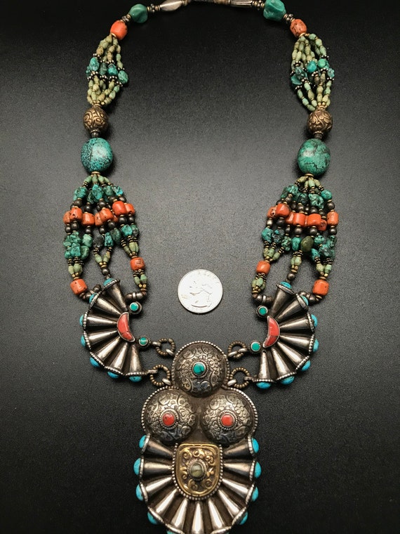 Antique Tibetan Necklace Sterling Silver Natural Coral and