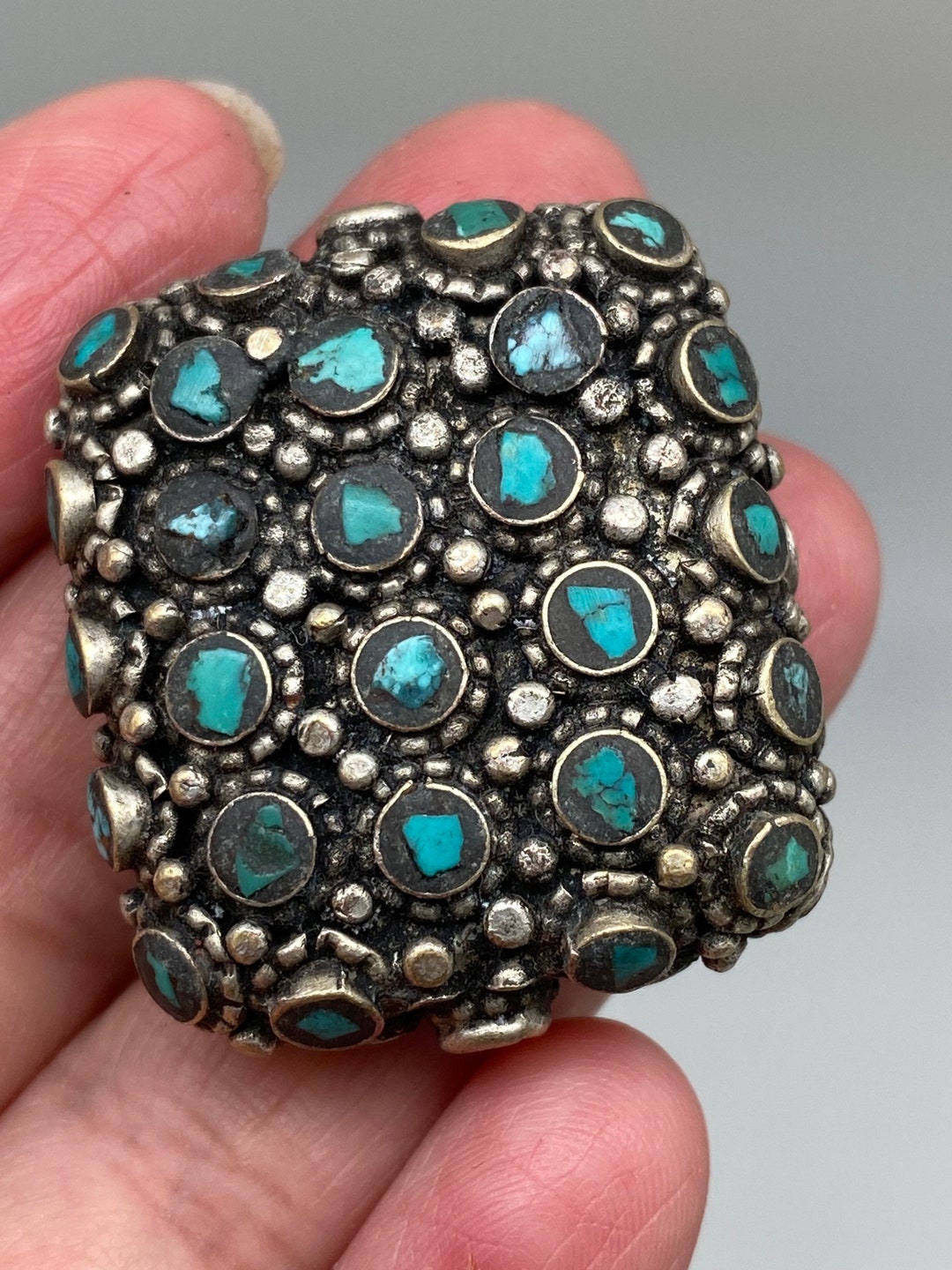 Tibetan Turquoise Bead, Turquoise Inlaid Bead in Tibetan Silver,ethnic ...