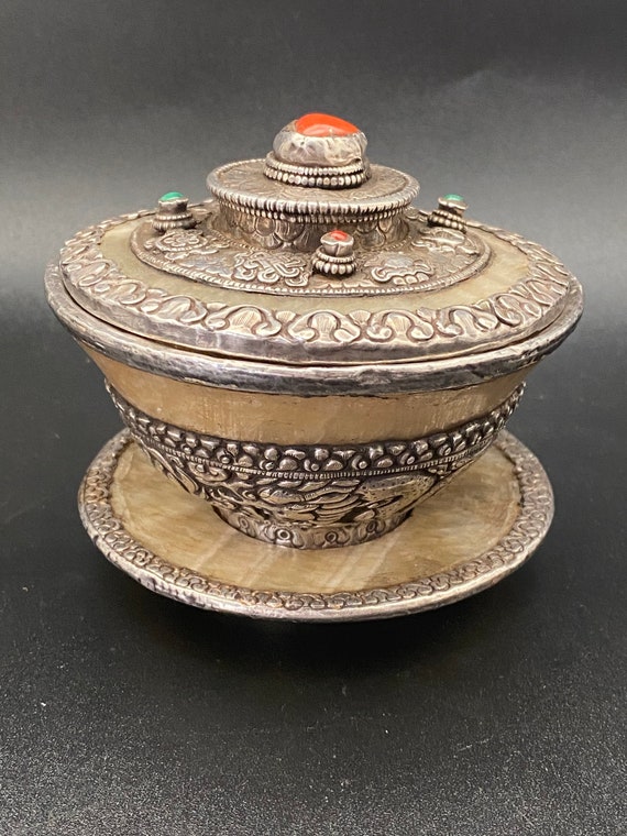 Tibetan tea cup antique jade white sterling silver coral Etsy