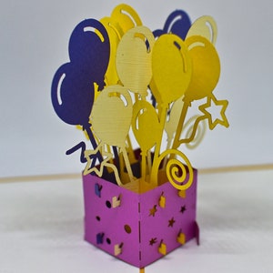 Desejos com balão, cartão pop-up 3D de feliz aniversário!