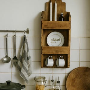 Op de afbeelding: Een rustiek houten keukenrek met twee witte kaarsen, een kleine fles en een decoratief bord met tekst. Daaronder hangen twee witte mokken. Een gestreepte handdoek en keukengerei hangen aan een metalen stang.