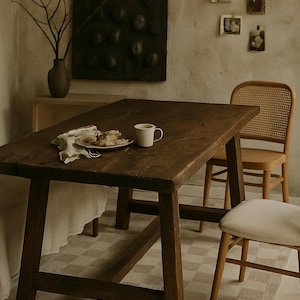 Pode incluir: Uma mesa de jantar de madeira castanho-escura com base em cavalete, apresentando uma caneca de cerâmica branca e um prato com comida sobre um guardanapo de tecido. Uma cadeira de madeira clara com encosto de palhinha e uma cadeira com assento.