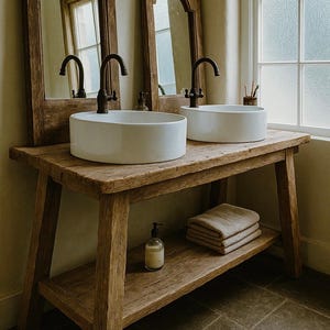 May include: A double vanity featuring a weathered wooden table base with a lower shelf, two white ceramic vessel sinks, and two dark metal gooseneck faucets. Two arched wooden mirrors are mounted above the sinks, with a stack of folded towels and a glass soap dispenser on the lower shelf.
