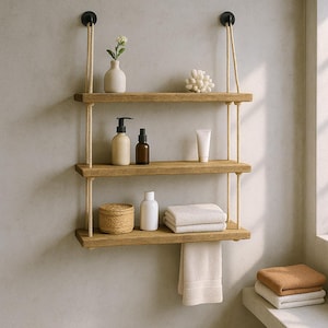 May include: A three-tiered wooden hanging shelf with natural rope supports. The shelves hold bathroom items, including a vase with a plant, bottles, a woven basket, towels, and lotion. The shelves are mounted on black metal fixtures. The shelves are made of wood.