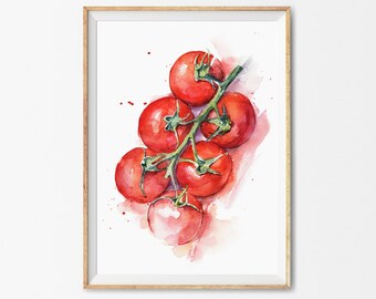 loose watercolor painting of vegetables kitchen wall decor food wall art Cherry tomatoes print