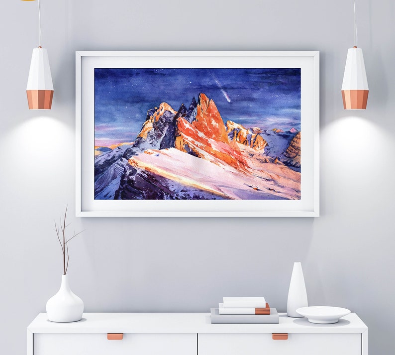 Mountain wall art printable Alps wall art Mountain Drawing Mountain watercolor download Italian dolomites wall art horizontal mountain