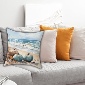 Vintage Blue Pumpkins Autumn Beach Decor, Blue Pumpkin Coastal Pillow, Thanksgiving Fall Coastal Pillow, Beach Farmhouse Autumn Decor