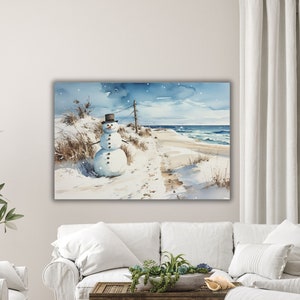 Winter Snowman On Beach Artwork Nautical Wall Hanging Home Winter Decor Coastal Home Snowman Winter Beach Christmas Seaside Ocean Decor