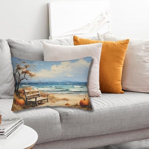 Vintage Autumn Beach Decor, Fall Beach Pumpkin Square Pillow, Thanksgiving Coastal Pillow, Coastal Fall Pillow, Beach Farmhouse Autumn Decor