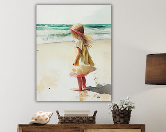 Little Girl Walking on the Beach Canvas Wall Art Coastal Vintage Nursery Decor Ocean Print Barefoot Seaside Artwork for Beach Lovers